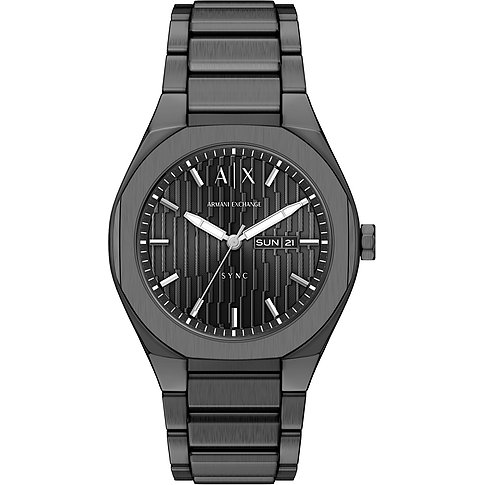 Armani Exchange herrklocka i svart rostfritt stål, som visar urtavlan, veckodagen och datumet.