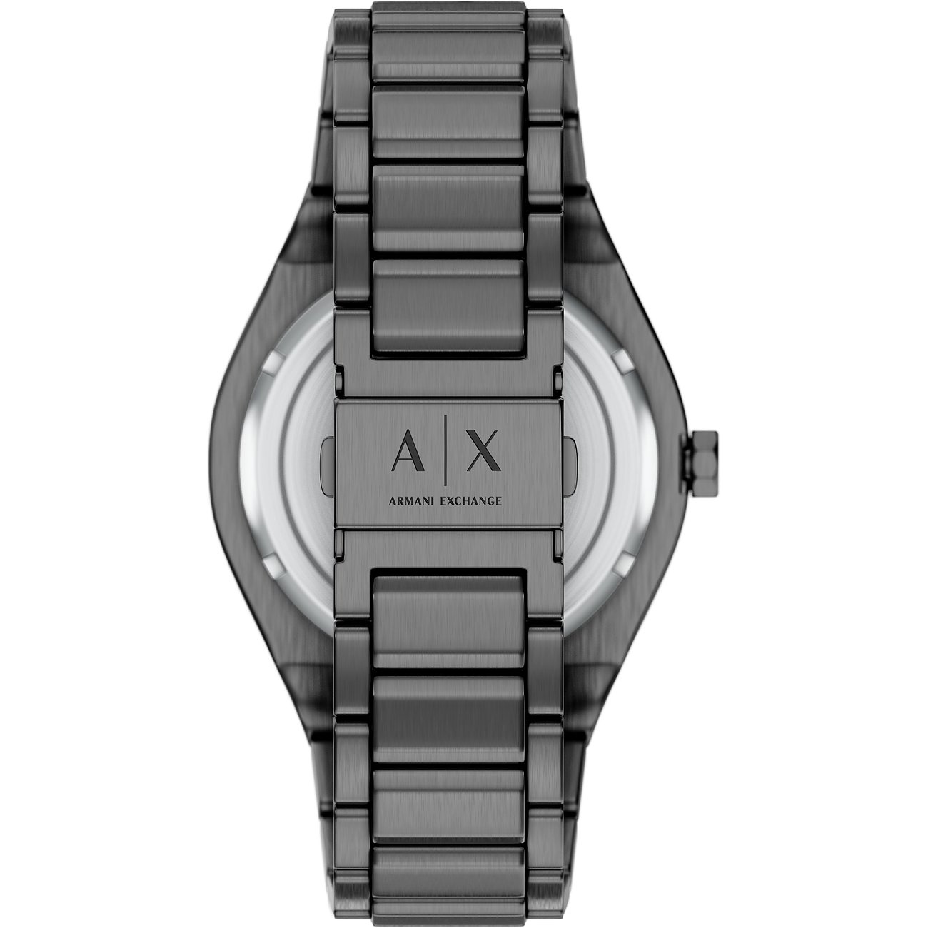 Rückseite einer Armani Exchange Herrenuhr aus dunkelgrauem Edelstahl mit eingraviertem Markenlogo mittig auf dem Armband.