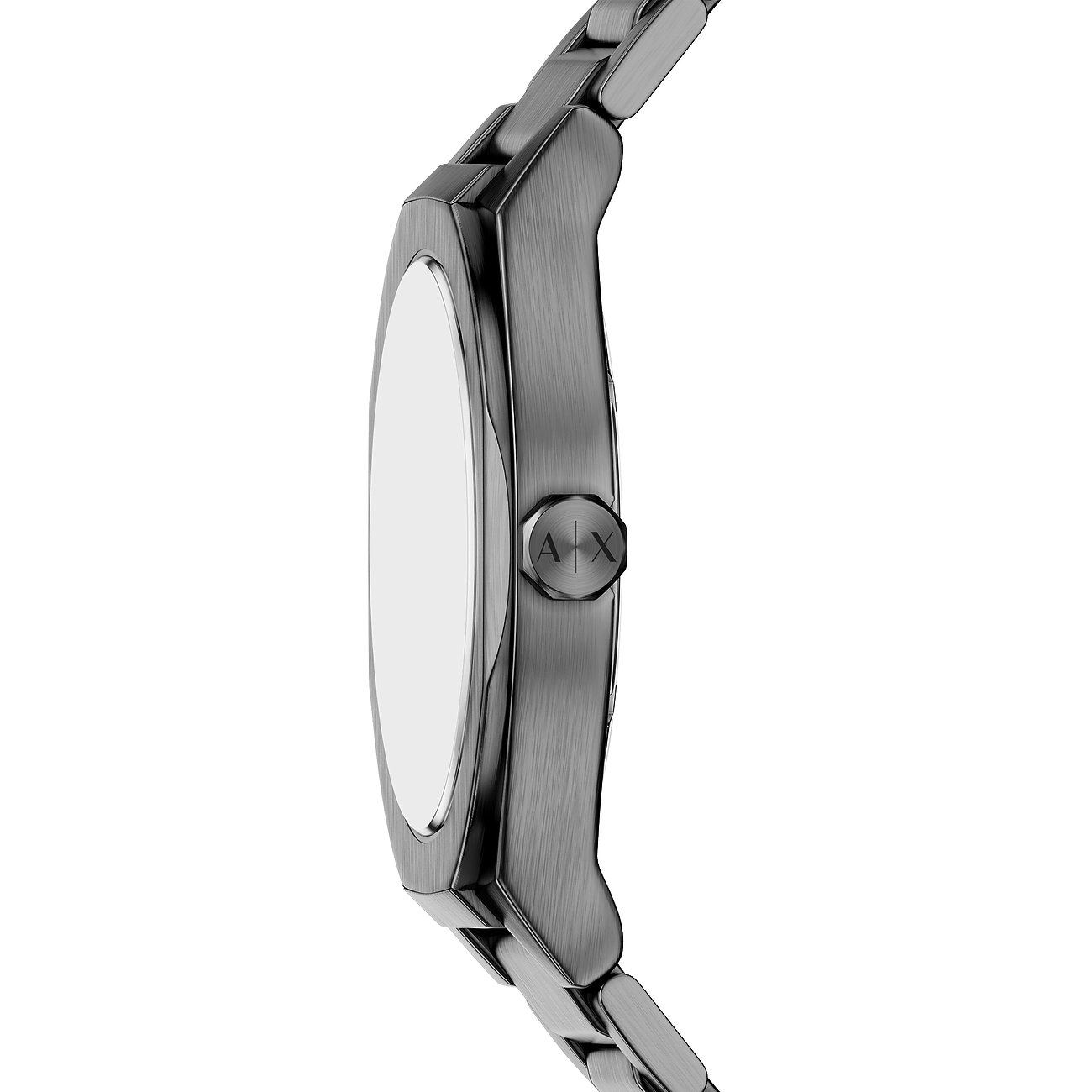 Seitenansicht einer Armani Exchange Herrenuhr aus blauem Edelstahl mit drehbarer Krone.