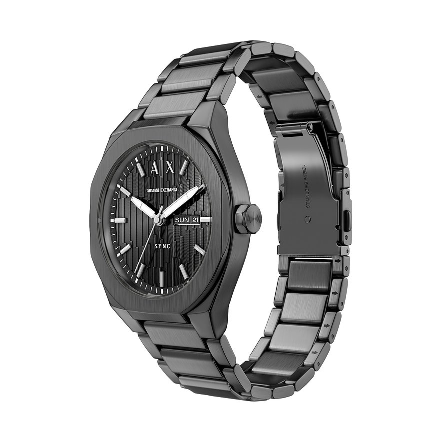 Armani Exchange Herrenuhr aus schwarzem Edelstahl, schräg von vorne gesehen. Das Zifferblatt zeigt Tages- und Datumsanzeige.