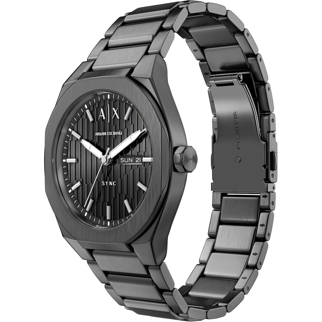Armani Exchange Herrenuhr aus schwarzem Edelstahl, schräg von vorne gesehen. Das Zifferblatt zeigt Tages- und Datumsanzeige.