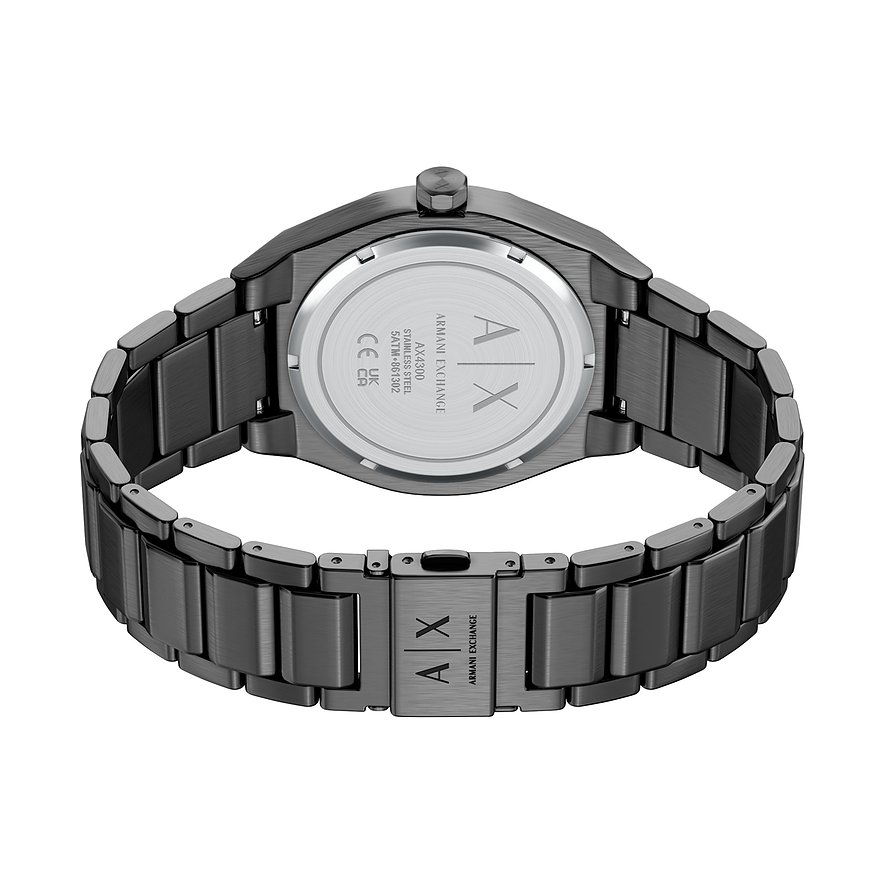Rückansicht der Armani Exchange Herrenuhr aus dunkelgrauem Edelstahl mit eingraviertem Markenlogo.