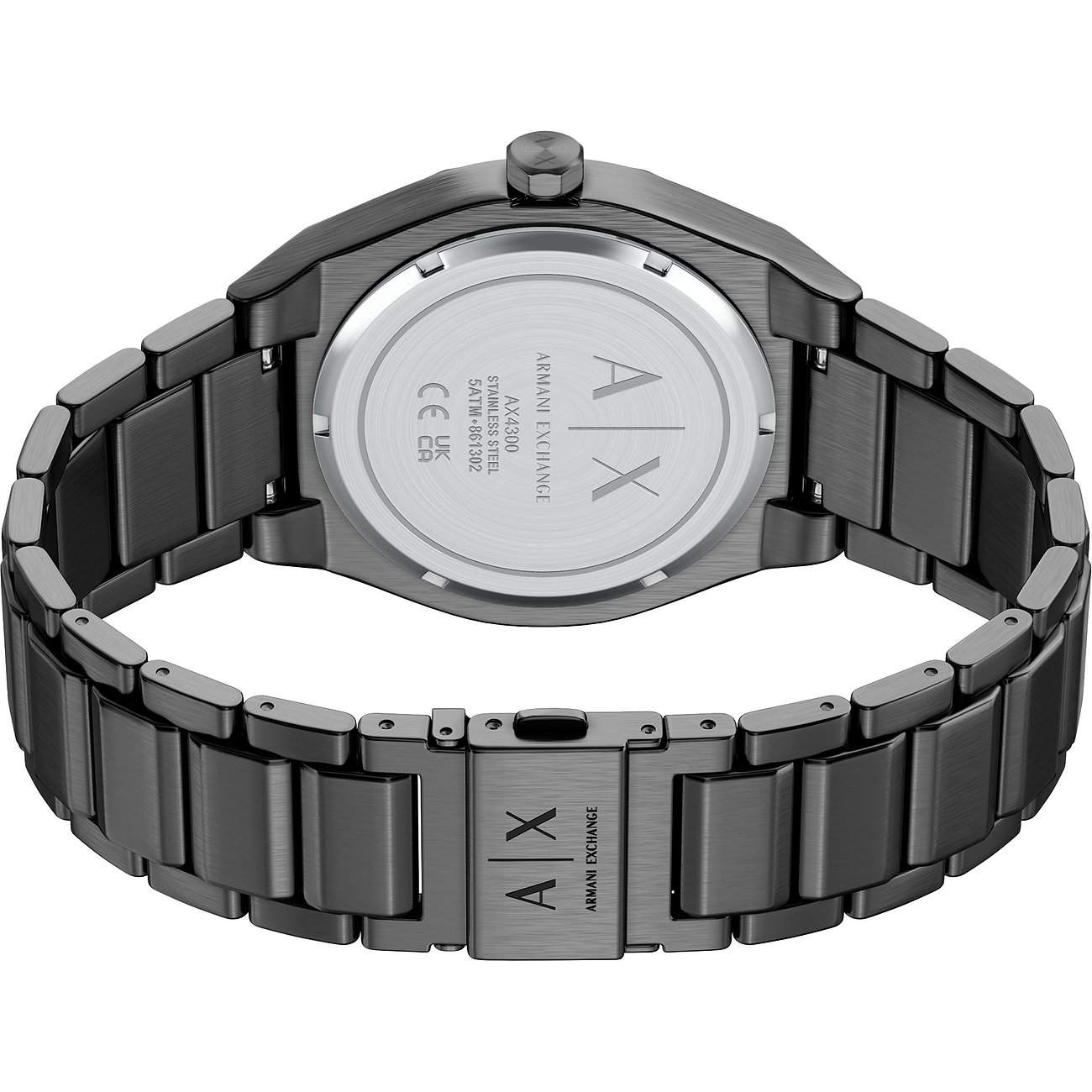Rückansicht der Armani Exchange Herrenuhr aus dunkelgrauem Edelstahl mit eingraviertem Markenlogo.