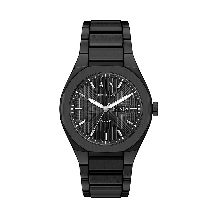 Armani Exchange Herrenuhr aus schwarzem Edelstahl mit schwarzem Zifferblatt und weißem A I X-Logo.