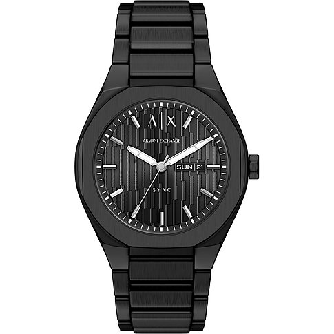 Armani Exchange herrklocka i svart rostfritt stål med svart urtavla och vit A I X-logotyp.