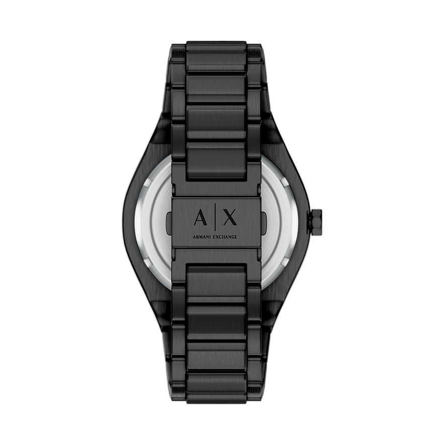 Rückansicht der Armani Exchange Herrenuhr aus schwarzem Edelstahl mit Logo auf der Gehäuserückseite.