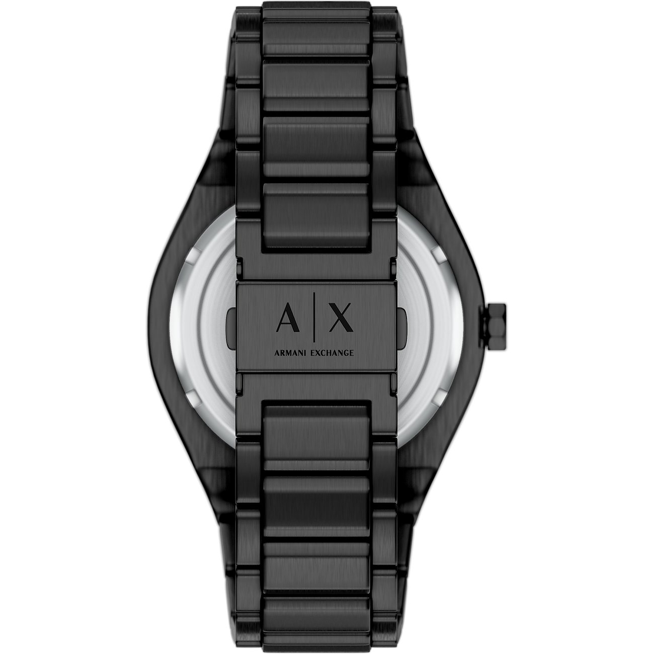 Rückansicht der Armani Exchange Herrenuhr aus schwarzem Edelstahl mit Logo auf der Gehäuserückseite.