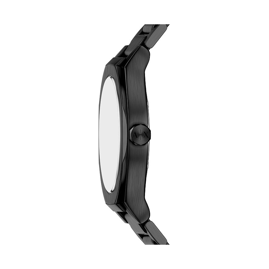 Seitenansicht einer schwarzen Armani Exchange Herrenuhr aus Edelstahl mit glänzendem Armband und Gehäuse.