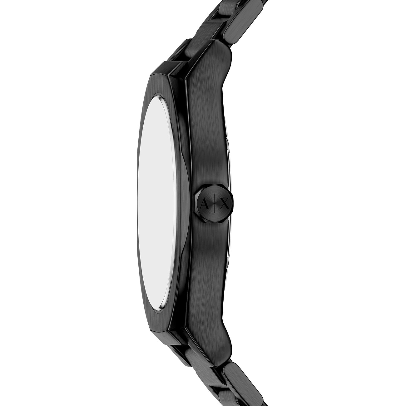 Seitenansicht einer schwarzen Armani Exchange Herrenuhr aus Edelstahl mit glänzendem Armband und Gehäuse.