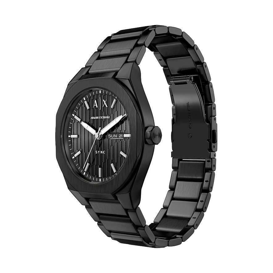Armani Exchange Herrenuhr aus schwarzem Edelstahl, schräg von vorne gesehen mit Datumsanzeige.
