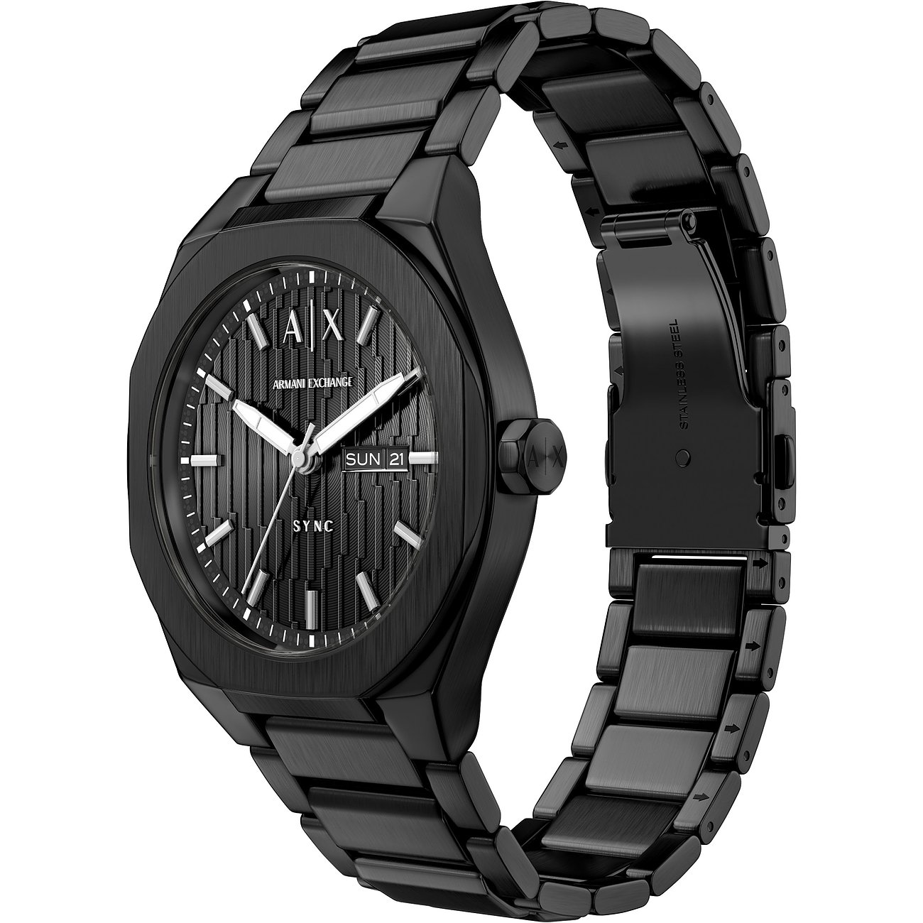 Armani Exchange Herrenuhr aus schwarzem Edelstahl, schräg von vorne gesehen mit Datumsanzeige.