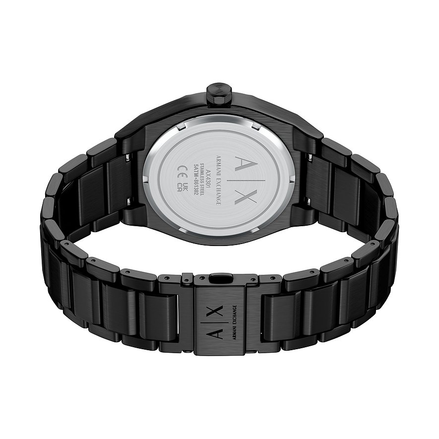 Rückansicht der Armani Exchange Herrenuhr aus schwarzem Edelstahl mit graviertem Logo auf dem Gehäuseboden.