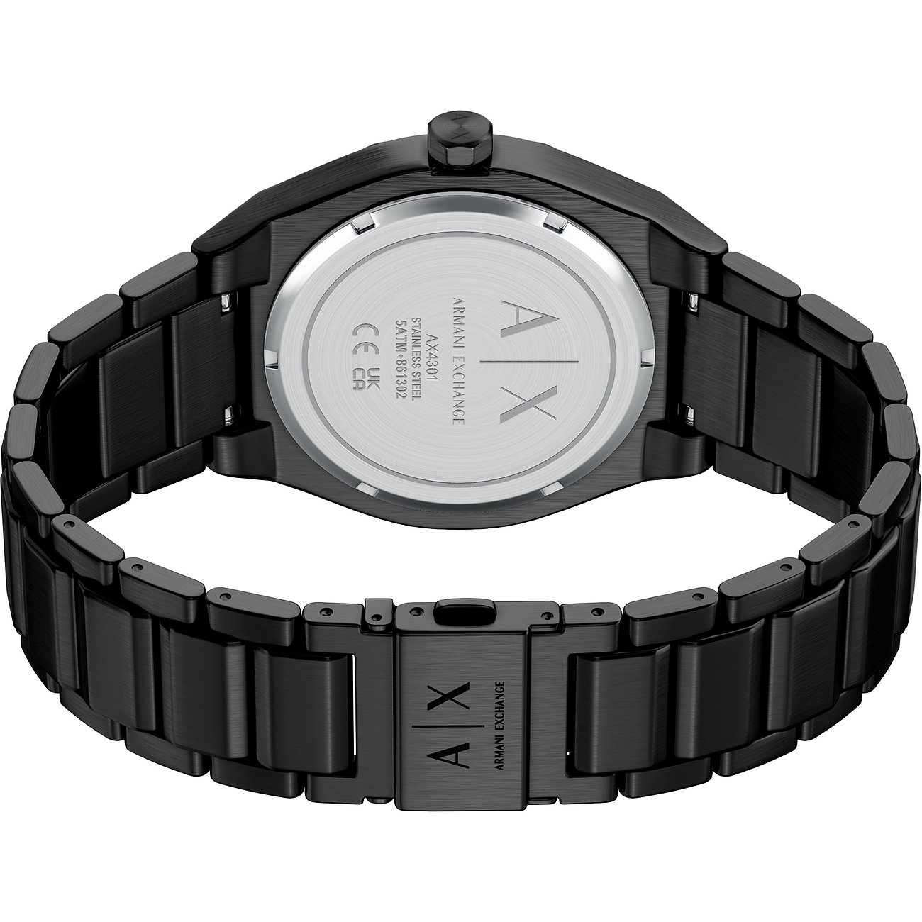 Rückansicht der Armani Exchange Herrenuhr aus schwarzem Edelstahl mit graviertem Logo auf dem Gehäuseboden.