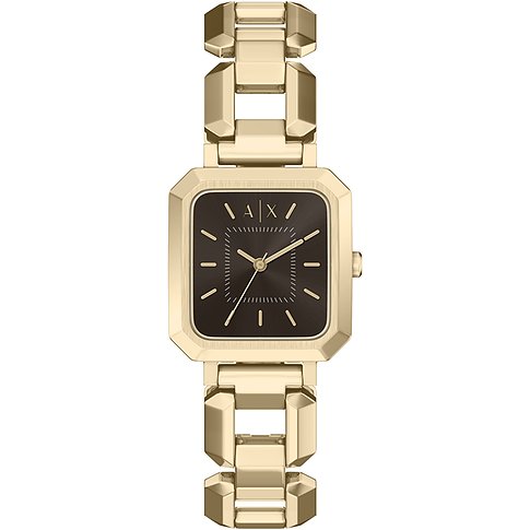 Armani Exchange dameur i guldfarvet rustfrit stål med firkantet, sort urskive.