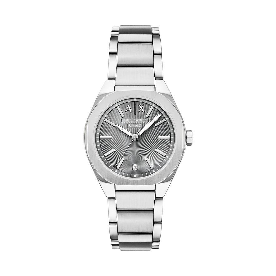 Armani Exchange Damenuhr aus Edelstahl mit Diamant, vorne auf weißem Hintergrund.