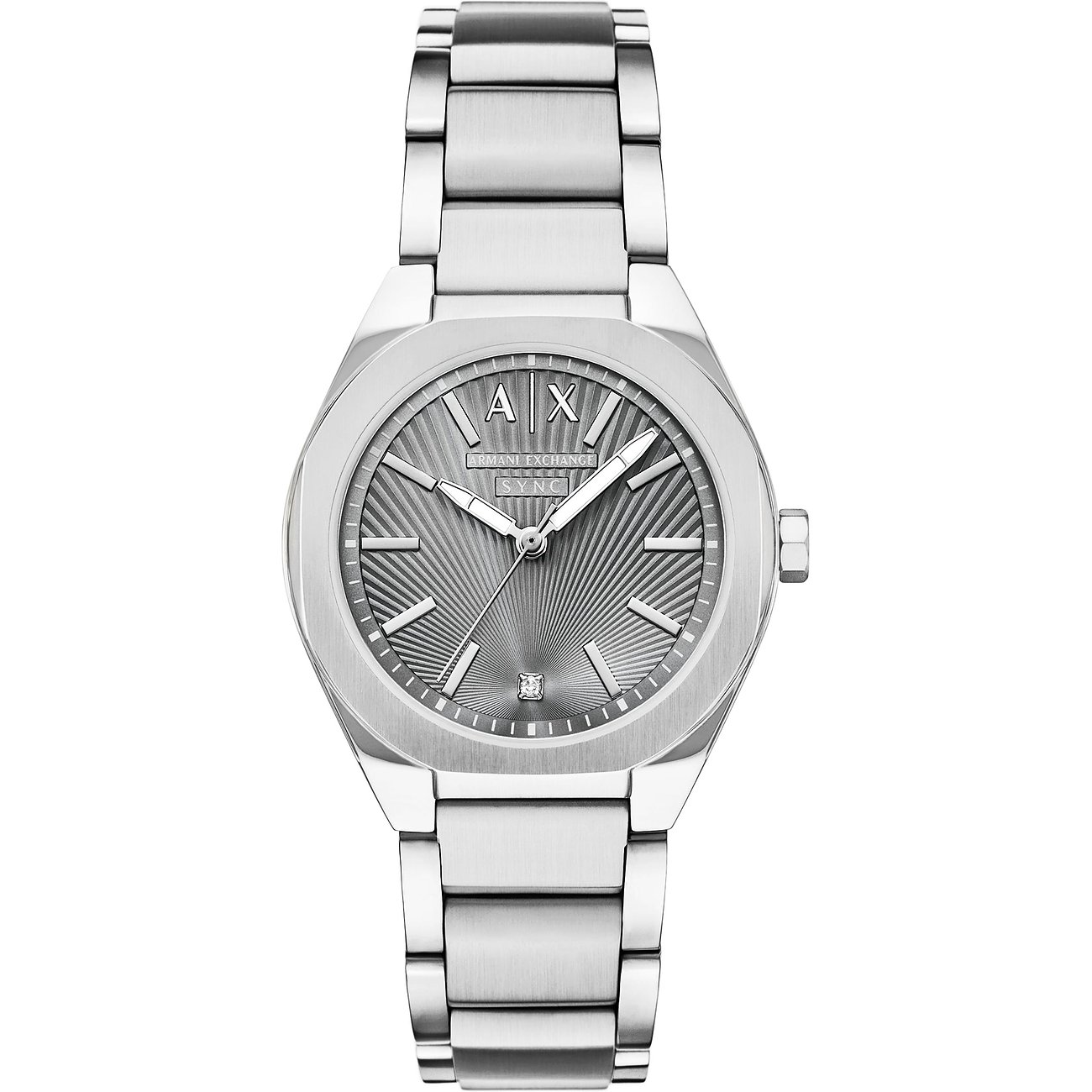 Armani Exchange Damenuhr aus Edelstahl mit Diamant, vorne auf weißem Hintergrund.