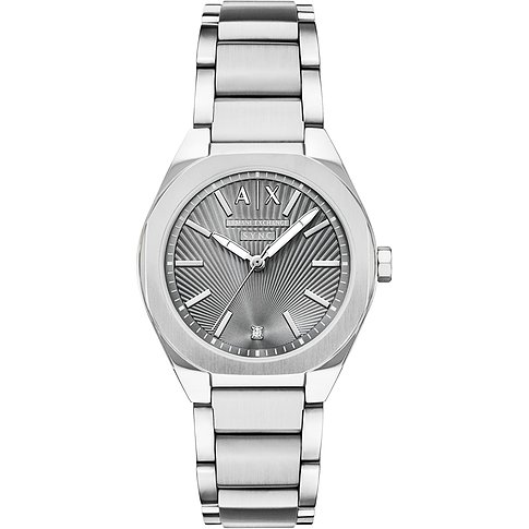 Armani Exchange damklocka i rostfritt stål med diamantdetalj, framifrån på vit bakgrund.