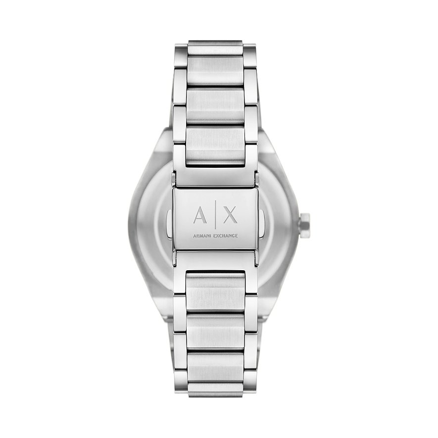 Rückseite einer Armani Exchange Damenuhr aus Edelstahl mit Diamantakzenten, auf einem weißen Hintergrund.