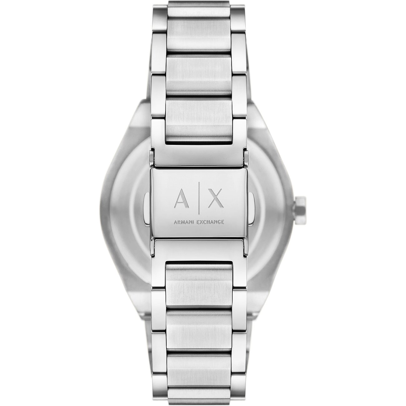 Rückseite einer Armani Exchange Damenuhr aus Edelstahl mit Diamantakzenten, auf einem weißen Hintergrund.