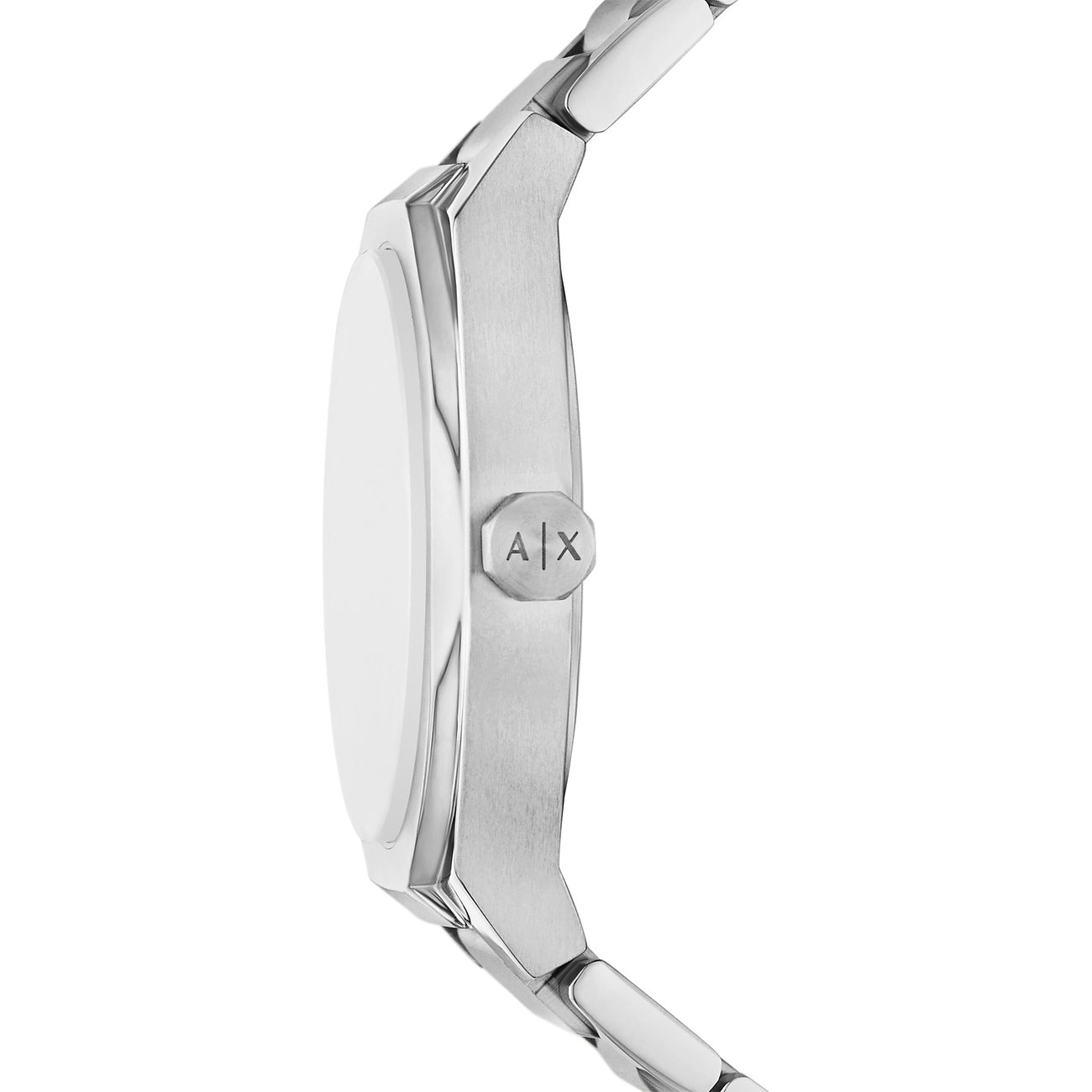 Seitenansicht der Armani Exchange Damenuhr aus Edelstahl mit einem Markenemblem auf der Krone.