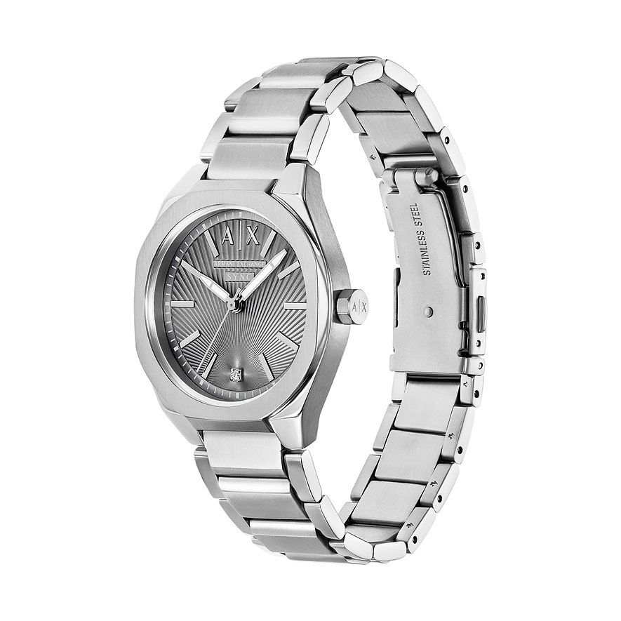 Eine Armani Exchange Damenuhr aus Edelstahl mit Diamant, die ein glänzendes Zifferblatt mit filigranen Details zeigt.