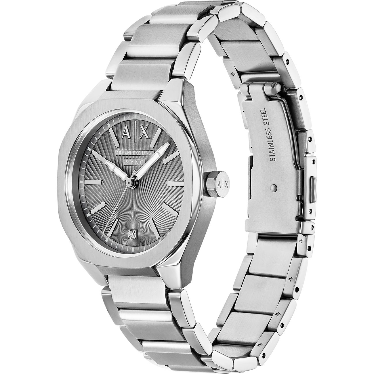 Eine Armani Exchange Damenuhr aus Edelstahl mit Diamant, die ein glänzendes Zifferblatt mit filigranen Details zeigt.