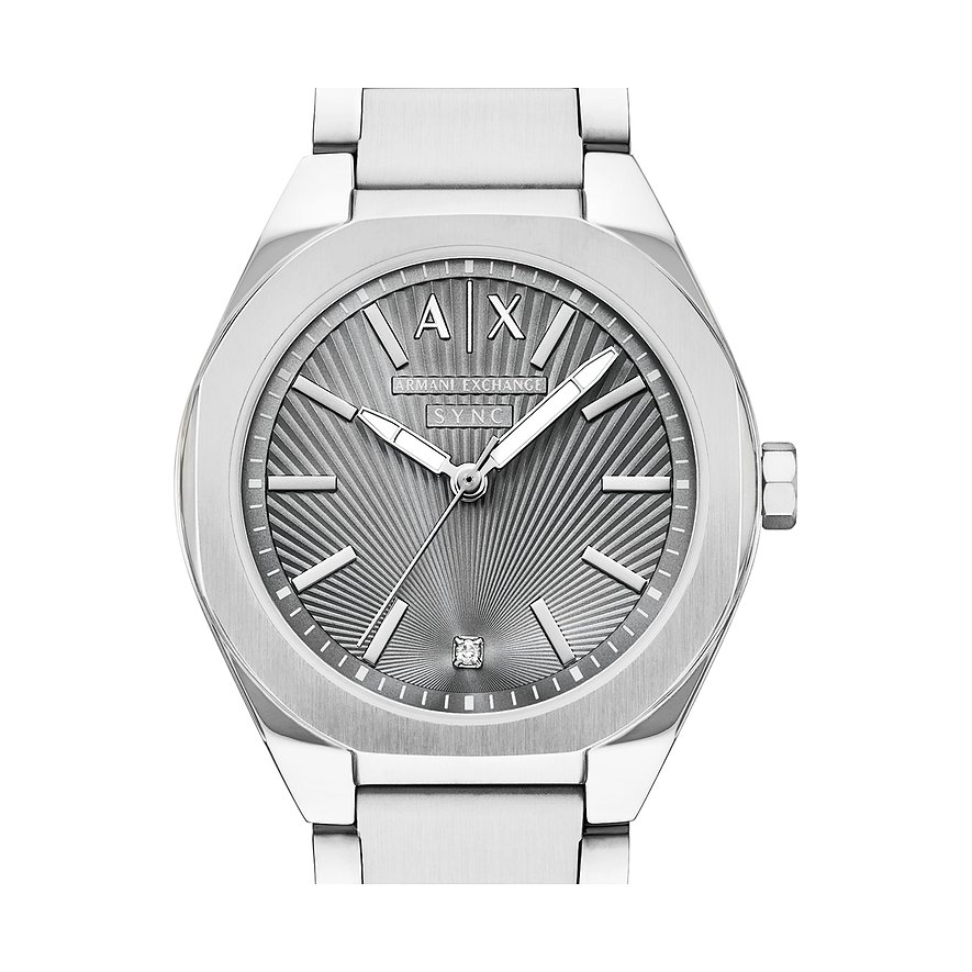 Armani Exchange Damenuhr aus Edelstahl mit grauer Zifferblattstruktur und einem Diamant auf der sechs.