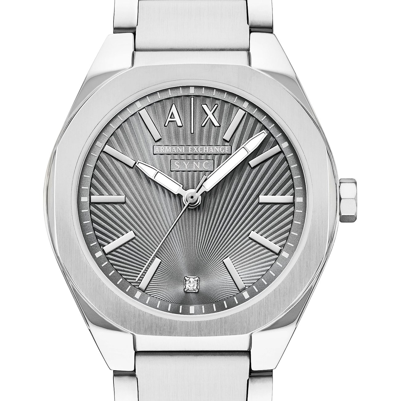 Armani Exchange Damenuhr aus Edelstahl mit grauer Zifferblattstruktur und einem Diamant auf der sechs.