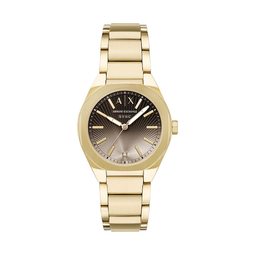 Eine goldfarbene Armani Exchange Damenuhr aus Edelstahl mit einem diamantbesetzten, gestreiften Zifferblatt.