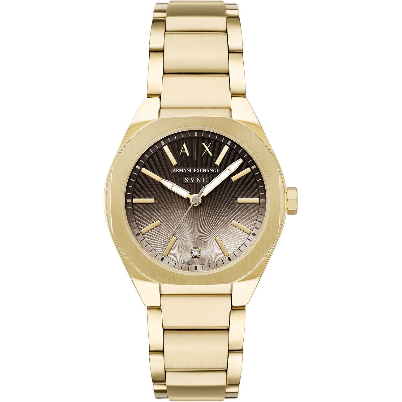 Eine goldfarbene Armani Exchange Damenuhr aus Edelstahl mit einem diamantbesetzten, gestreiften Zifferblatt.