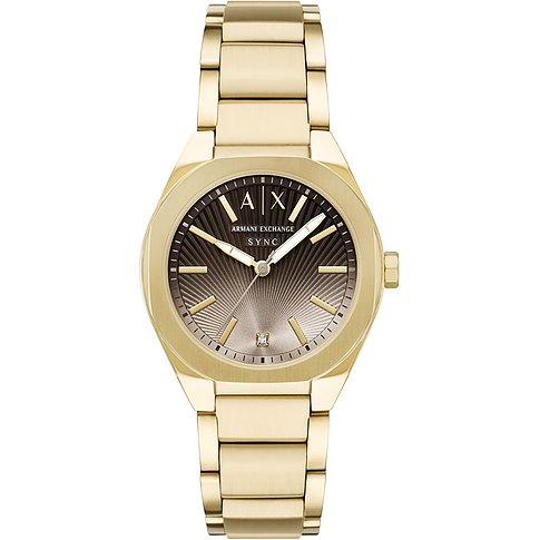 En guldfärgad Armani Exchange damklocka i rostfritt stål med en diamantinfattad, randig urtavla.