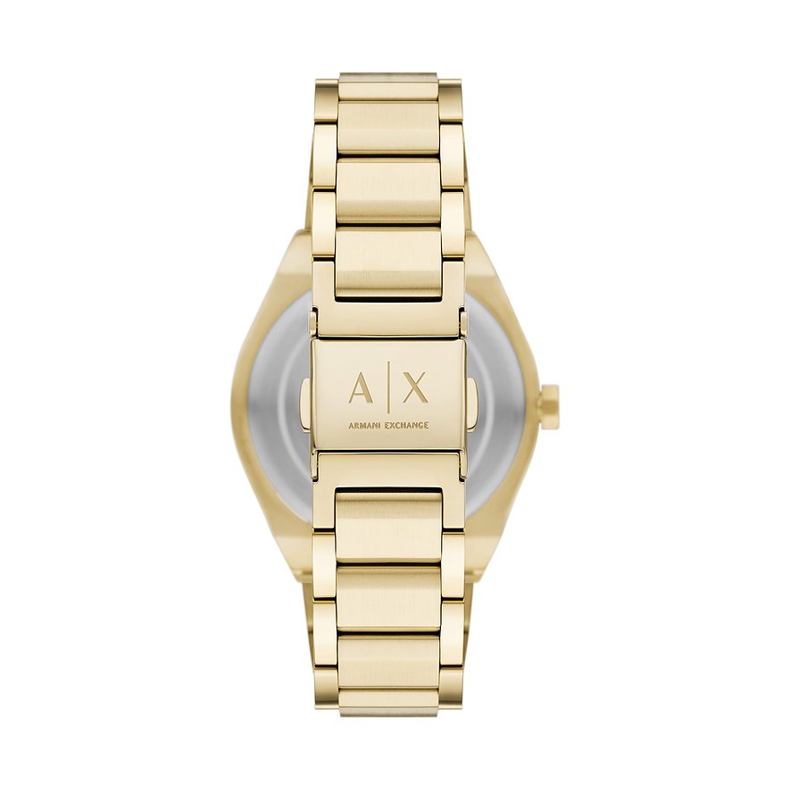 Rückansicht der goldenen Armani Exchange Damenuhr aus Edelstahl mit „AX“-Logo auf der Schließe.