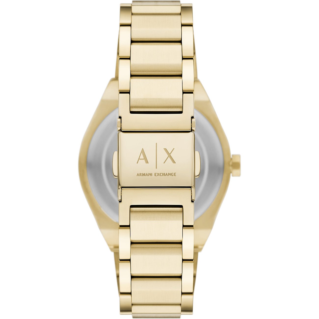 Rückansicht der goldenen Armani Exchange Damenuhr aus Edelstahl mit „AX“-Logo auf der Schließe.