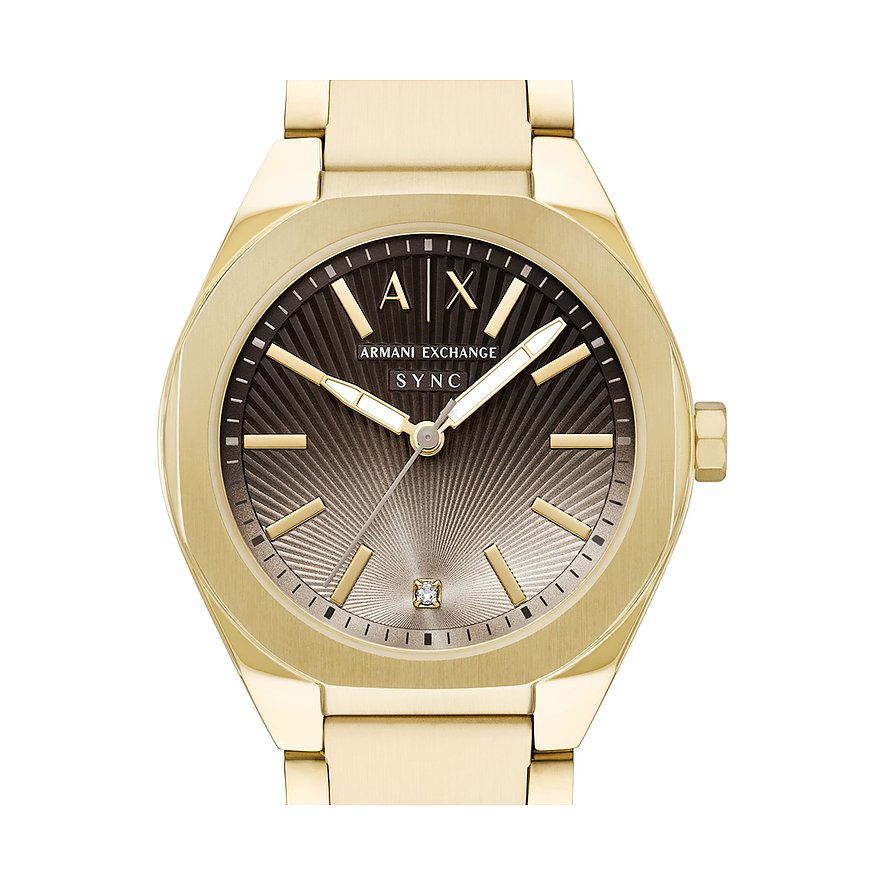 Armani Exchange Damenuhr aus goldfarbenem Edelstahl mit dunkelbraunem Zifferblatt und Diamant-