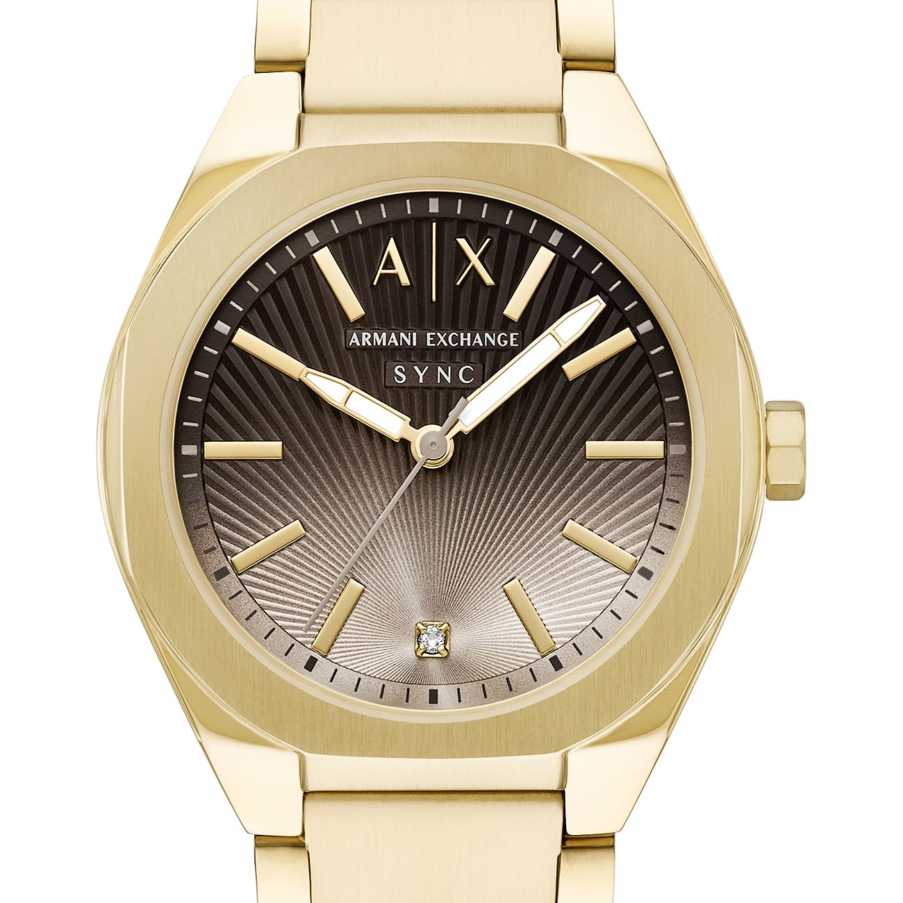 Armani Exchange Damenuhr aus goldfarbenem Edelstahl mit dunkelbraunem Zifferblatt und Diamant-
