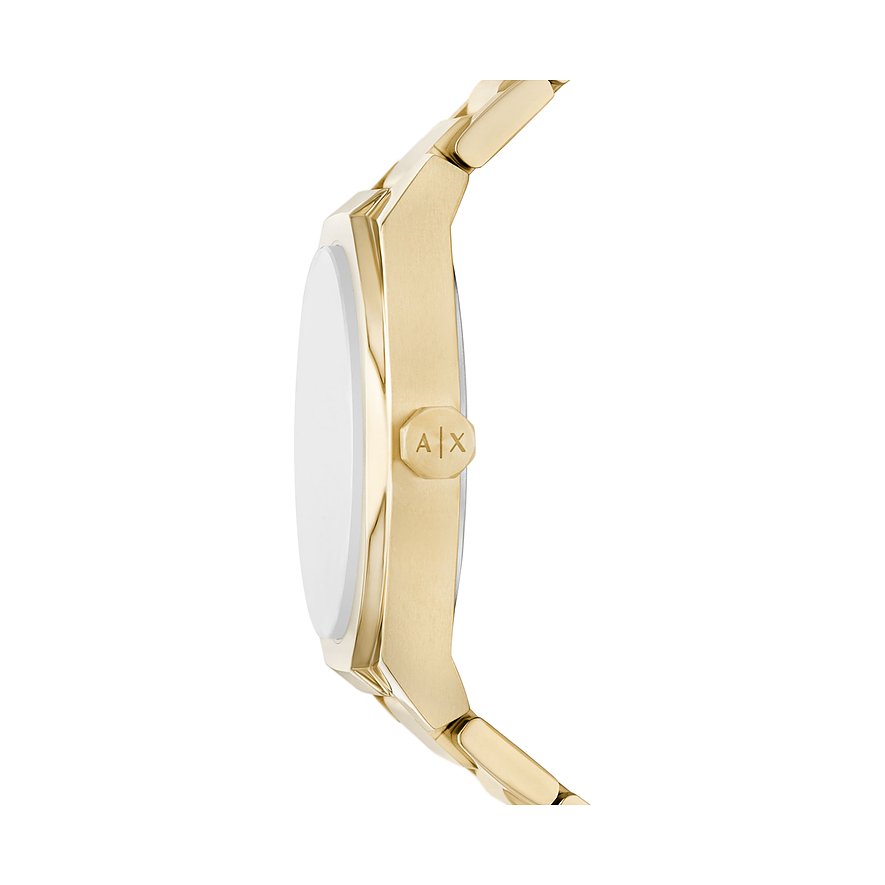 Seitenansicht der goldenen Armani Exchange Damenuhr aus Edelstahl mit Diamanten, Krone mit AX-Logo.