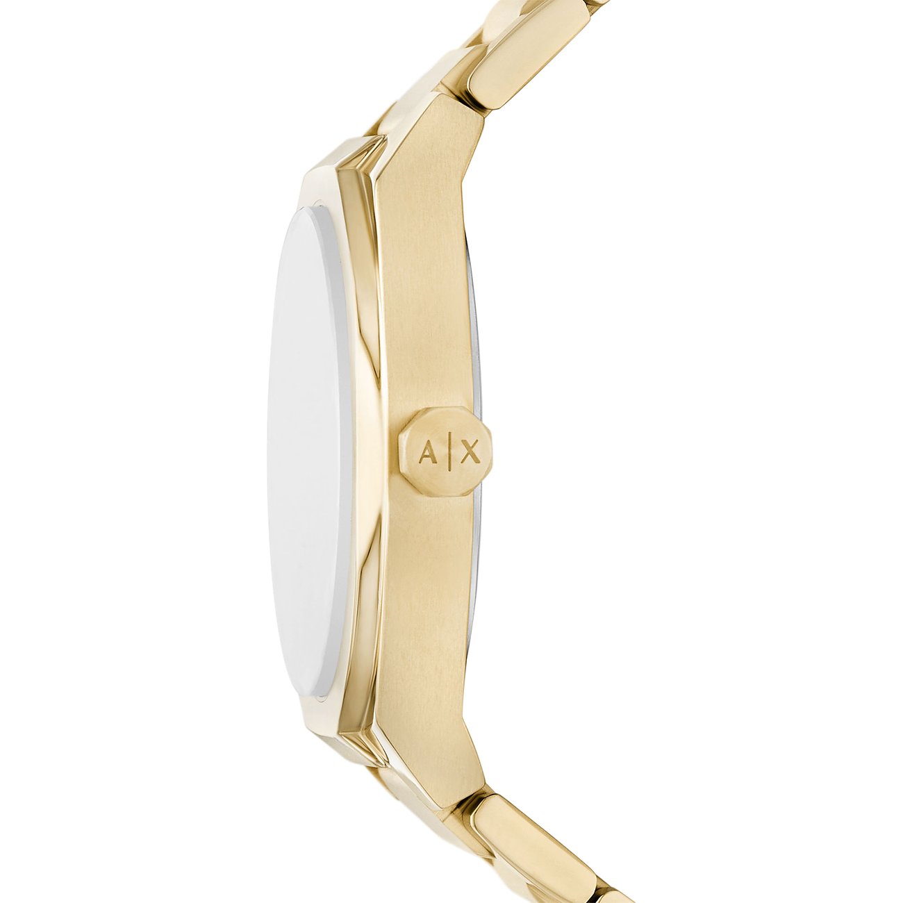 Seitenansicht der goldenen Armani Exchange Damenuhr aus Edelstahl mit Diamanten, Krone mit AX-Logo.