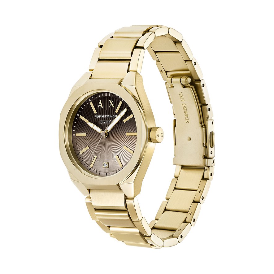 Armani Exchange Damenuhr aus goldfarbenem Edelstahl mit dunkelbraunem Zifferblatt und einem Diamanten um 6 Uhr.