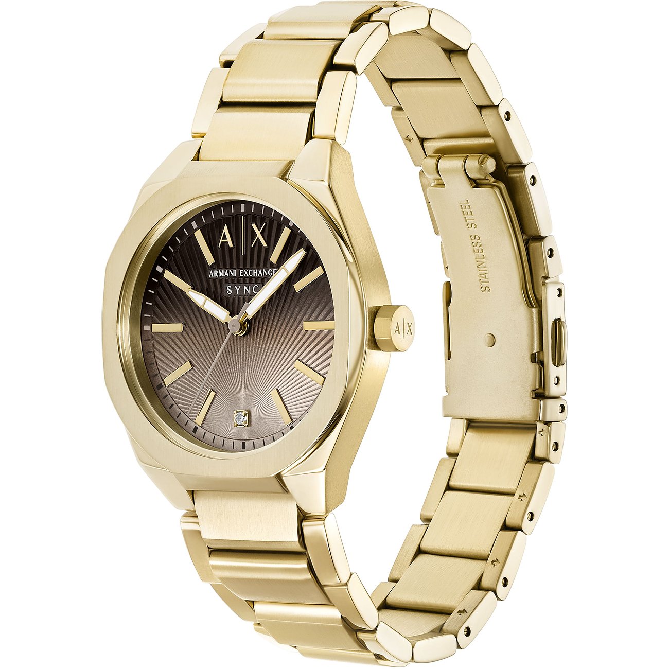 Armani Exchange Damenuhr aus goldfarbenem Edelstahl mit dunkelbraunem Zifferblatt und einem Diamanten um 6 Uhr.