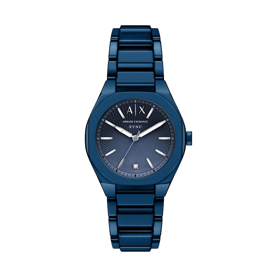 Armani Exchange Damenuhr aus blauem Edelstahl mit Diamantverzierung auf dem Zifferblatt, von vorne aufgenommen.