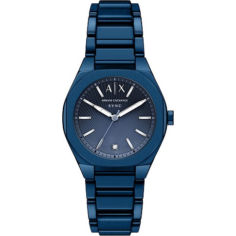 Armani Exchange damklocka i blått rostfritt stål med diamantutsmyckning på urtavlan, fotograferad framifrån.