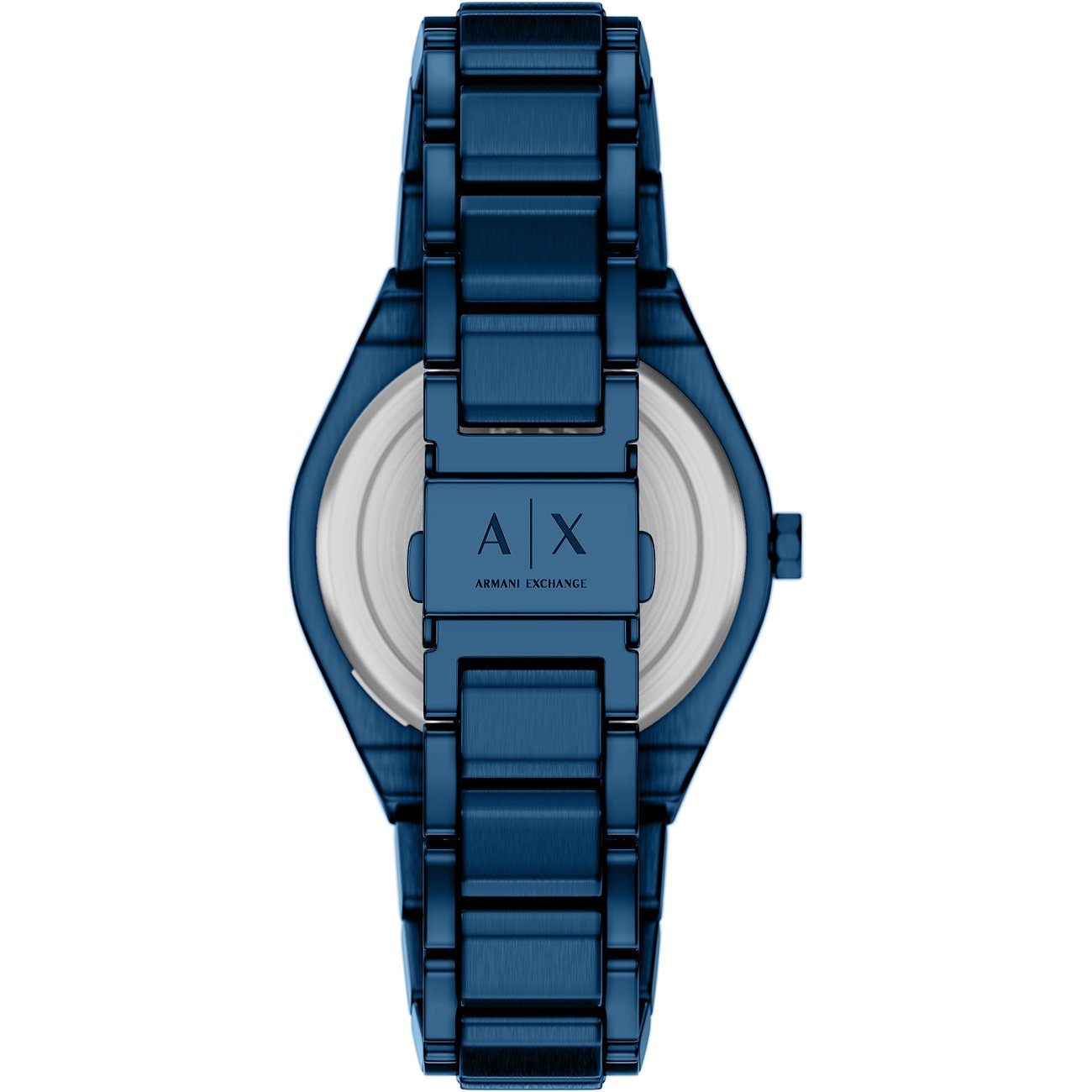 Rückansicht einer blauen Armani Exchange Damenuhr aus Edelstahl mit einem gravierten Logo auf der Schließe.