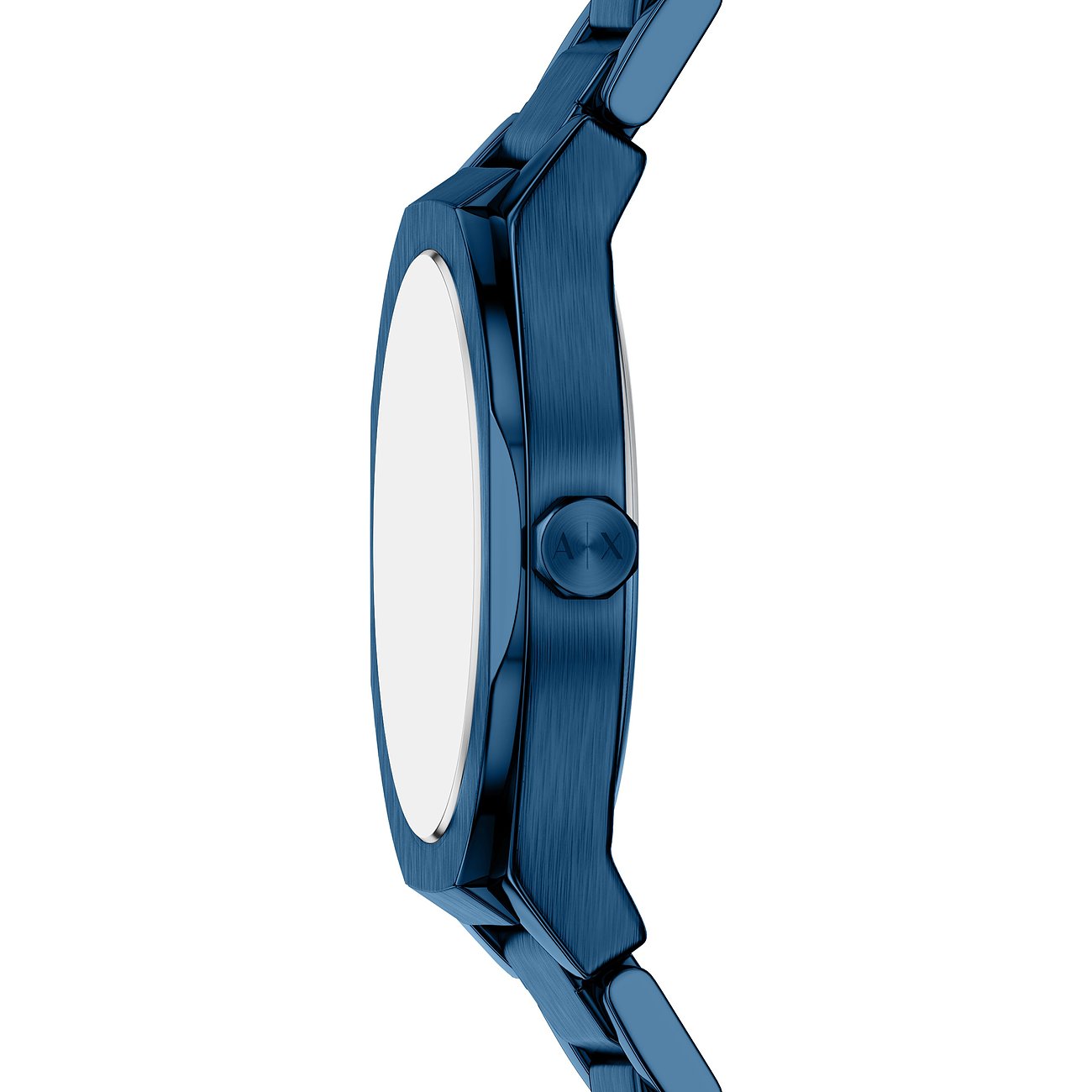Seitenansicht der Armani Exchange Damenuhr aus blauem Edelstahl mit drehbarer Krone.
