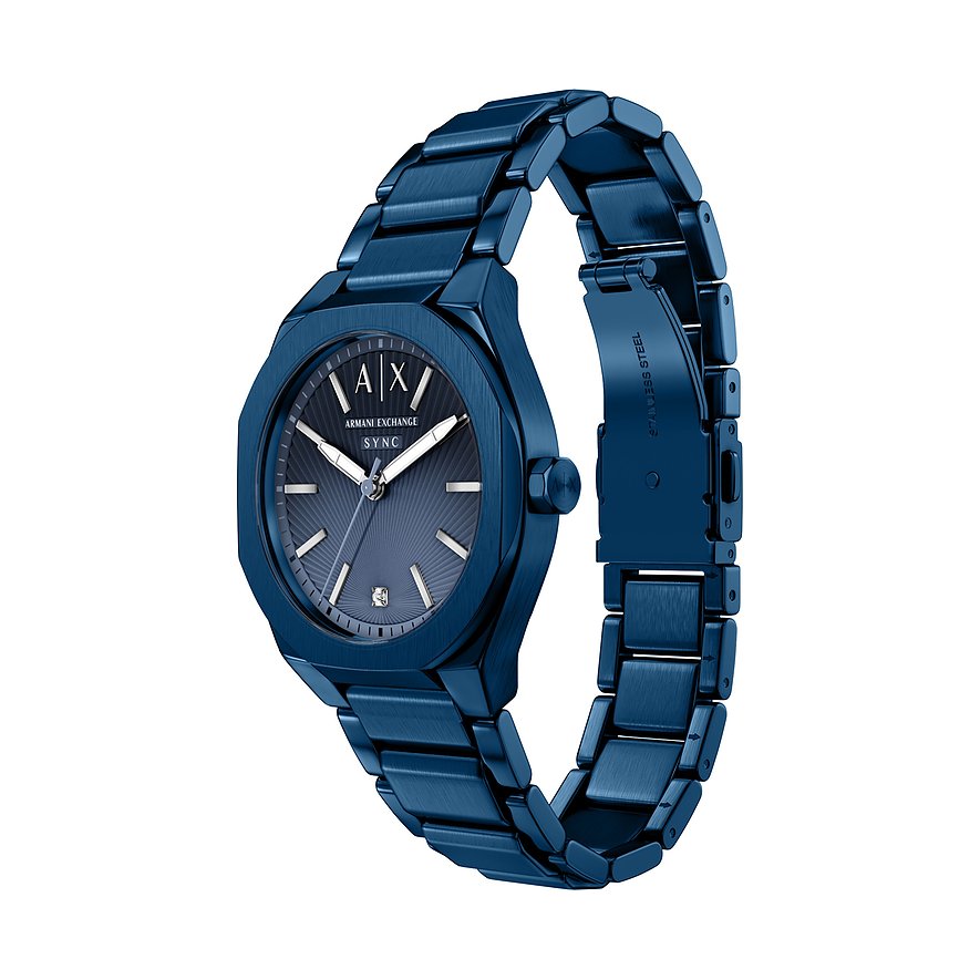 Eine Armani Exchange Damenuhr aus blauem Edelstahl mit einem Diamanten als 6-Uhr-Markierung, leicht schräg dargestellt.