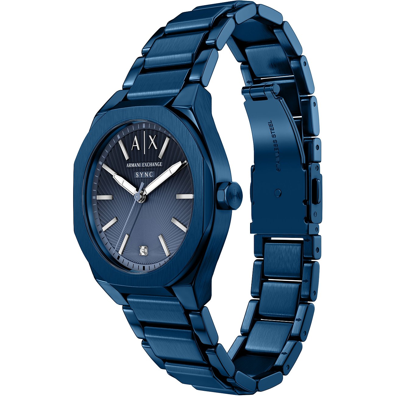 Eine Armani Exchange Damenuhr aus blauem Edelstahl mit einem Diamanten als 6-Uhr-Markierung, leicht schräg dargestellt.