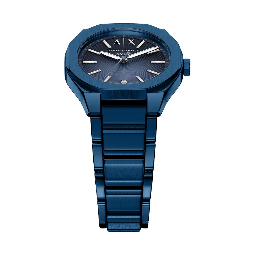 Armani Exchange Damenuhr SYNC aus marineblauem Edelstahl und Zifferblatt mit einem kleinen Diamanten.