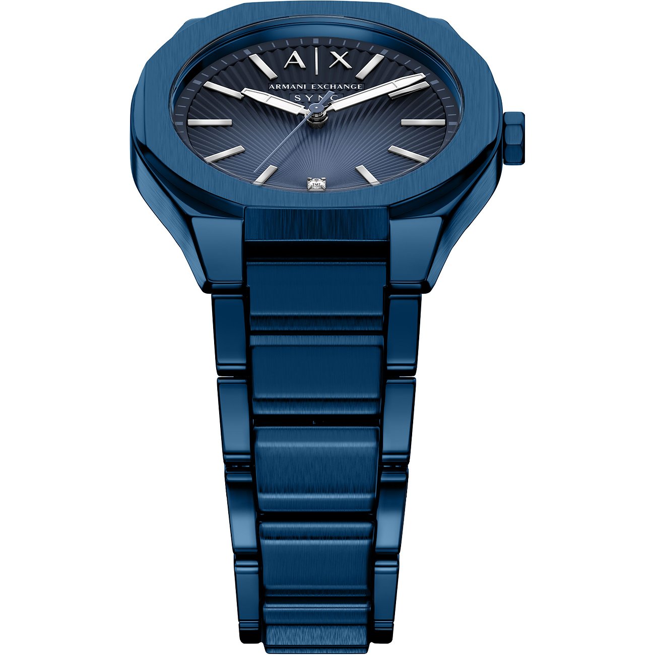 Armani Exchange Damenuhr SYNC aus marineblauem Edelstahl und Zifferblatt mit einem kleinen Diamanten.