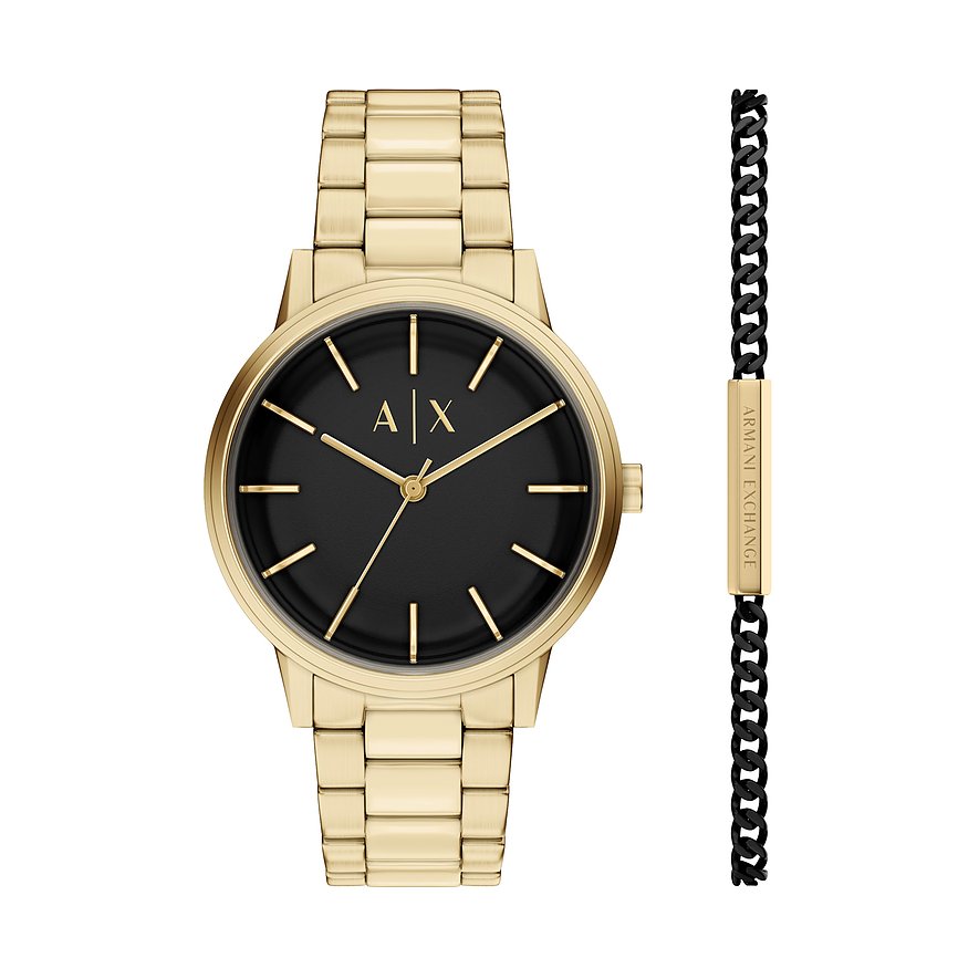 Armani Exchange Uhren-Set aus goldfarbenem Edelstahl mit schwarzem Zifferblatt und einem schwarzen Armband mit Schriftzug.
