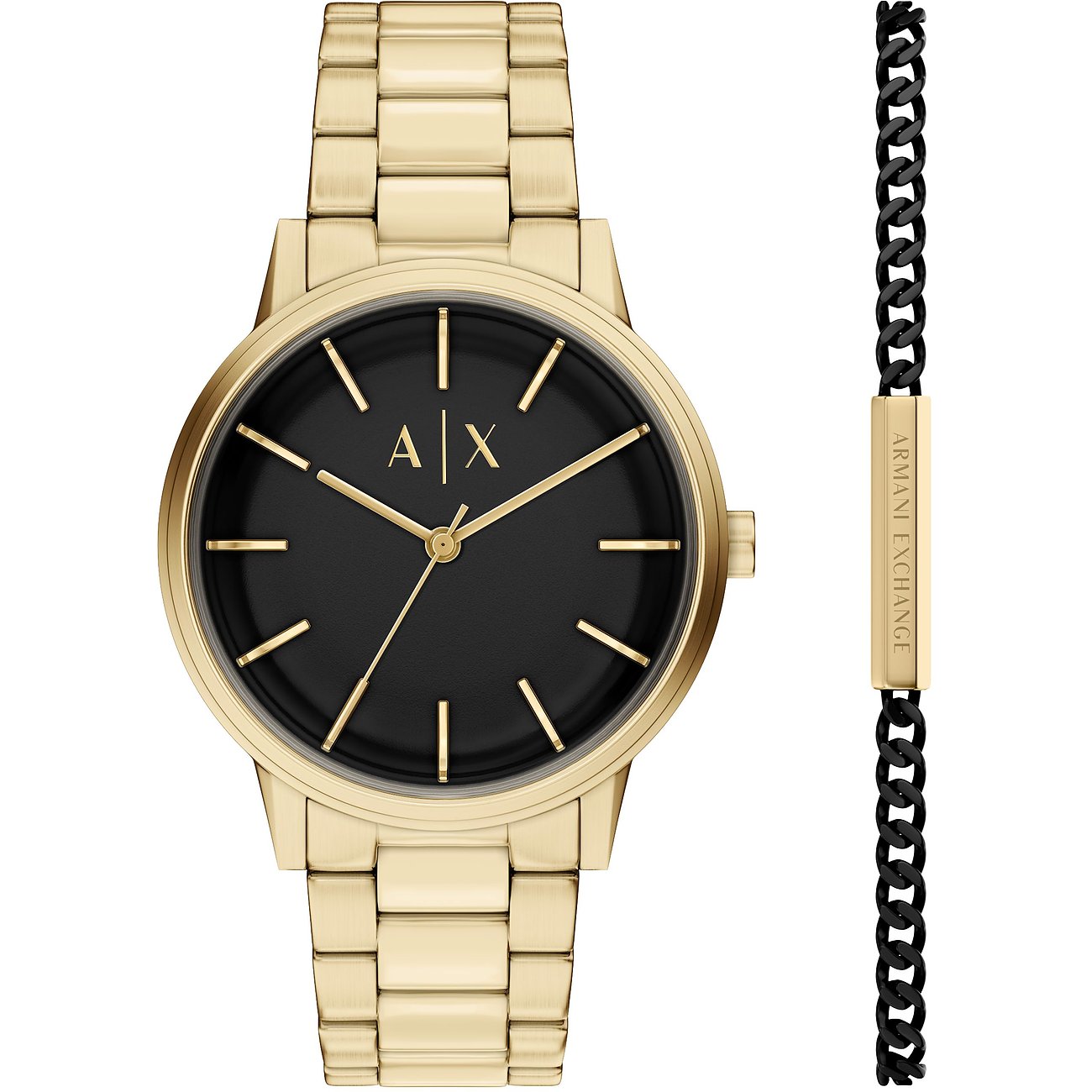 Armani Exchange Uhren-Set aus goldfarbenem Edelstahl mit schwarzem Zifferblatt und einem schwarzen Armband mit Schriftzug.