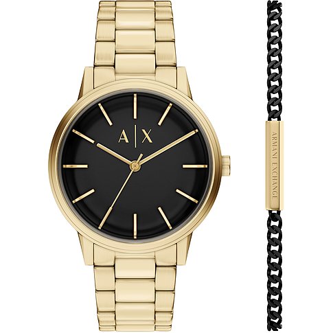 Armani Exchange Uhren-Set aus goldfarbenem Edelstahl mit schwarzem Zifferblatt und einem schwarzen Armband mit Schriftzug.